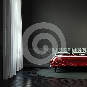Dark gloomy bedroom with vibrant red color bedspread, noir style, mock-up with negative space photo