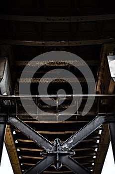 Dark and gloomy industrial atmosphere under the historical rail bridges in Manchester subway symmetry sun rays day summer blue sky