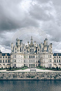 Dark gloomy sky over Chateau de Chambord in Centre-Val de Loire, France