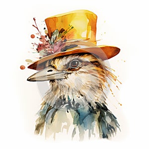 Dark Gold Watercolor Vector Illustration Of A Hat-wearing Bird