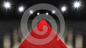 Dark granite floor with red carpet and flash light 3d rendering