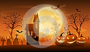 Dark graveyard with creepy pumpkins and haunted house on Halloween night banner with space for text, cartoon vector