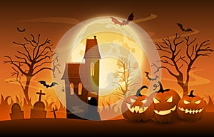 Dark graveyard with creepy pumpkins and haunted house on Halloween night, cartoon vector ilustration