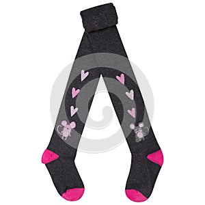 Dark gray baby tights with pink toes and heels, half rolled up, on white background