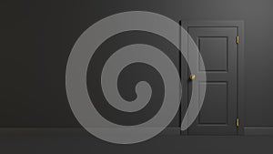 Dark gray closed door. Illustration of entrance to the room. 3D rendered image.