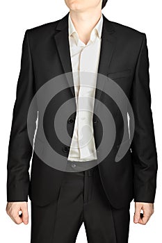 Dark gray evening suit, unfastened blazer, white shirt, no tie.