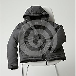 A dark gray, hooded winter jacket draped over a white chair. The jacket features photo