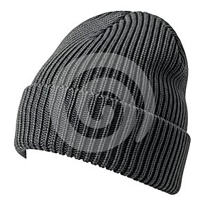 Dark gray knit beanie with ribbed texture and folded brim