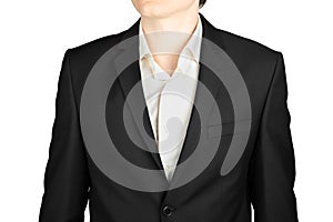 Dark gray mens suit close-up coat with a white shirt