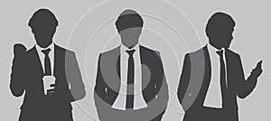 Dark gray silhouettes portrait of three businessmen posing on gray background, flat line vector and illustration.