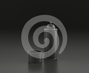 Dark gray spraypaint, paint spray can on black background, single color workshop tool, 3d rendering photo