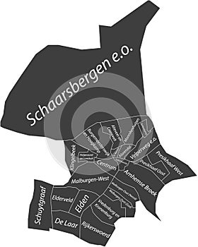 Dark gray tagged districts map of ARNHEM, NETHERLANDS