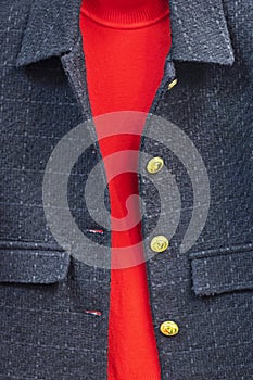 dark gray tweed jacket with gold buttons and red knitted sweater, vertical