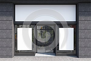 Dark gray and white cafe facade, two posters