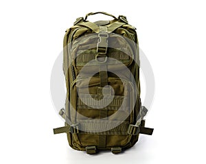 Dark green backpack standing isolated on white background