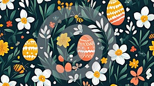 Dark Green Easter Egg and Floral Seamless Pattern