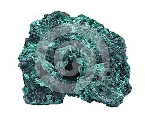 Dark green fibrous Malachite cluster from Shaba Province, Zaire, isolated on white