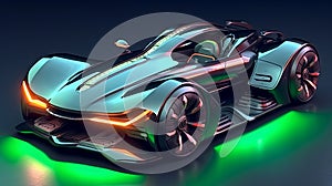 Dark Green Future Electric One seat Sport Car concept with some Orange lights without any brand and with massive Green reflection