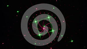 On a dark green gradient background, moving multi-colored shapes and rays of green and pink