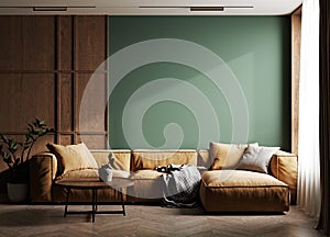 Dark green home interior with brown sofa, table and decor in living room, 3d render