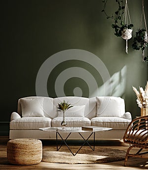 Dark green home interior with white sofa, table and decor in living room