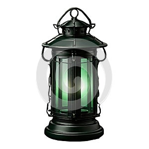 Dark green lantern with bright green light on white background g