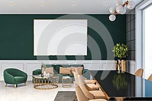 Dark green luxury living room with poster
