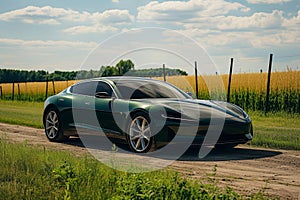 Dark green modern sports car parked on a dirt road in a field, viewed from the side, stylish vehicle