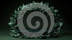 Elegant Green Leaves Podium, Product Showcase on Dark Green Background