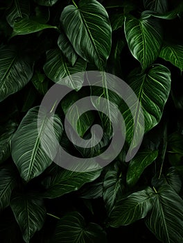 Dark green philodendron leaves, white veins, tropical jungle foliage