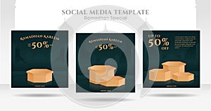 Dark green ramadhan sale instagram square post template set with podium platform for product display