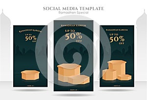 Dark green ramadhan sale instagram story post template set with podium platform for product display