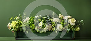 dark green rectangular flower box with brassica,trachelium,dianthus,eucalyptus,lisianthus,sedum,dahlia,white-green scale,on a