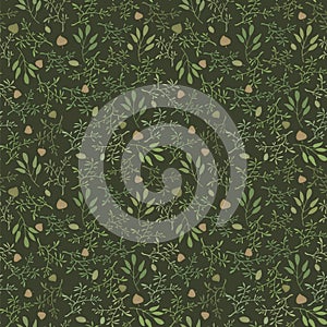 Dark green seamless vector pattern with branches and leaves of brown and orange natural floral background.