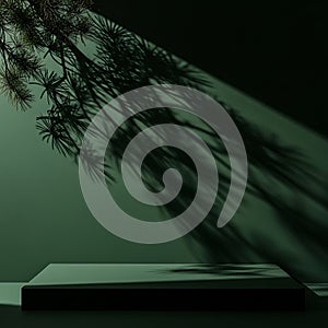 Dark green studio background with pine tree shadow and platform