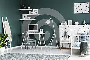 Dark green teenager room interior with a desk, chair, computer,