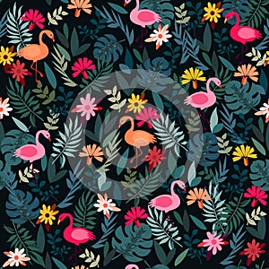Dark green tropical jungle palm tree leaves. Pink exotic flamingo wading birds. Seamless pattern texture on black background.