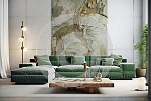 Dark green velvet corner sofa near concrete wall with stone wall decor. Loft style home interior design of modern living room.