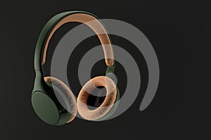 Dark green wireless headphones with light leather elements, 3D illustration