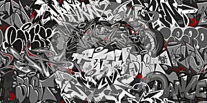 Dark Grey Abstract Graffiti Street Art Seamless Pattern. Vector Illustration Background Art