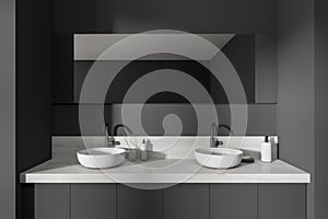 Dark grey bathroom interior with double sink and huge mirror on wall. Concept of hygienic and spa procedures for health. 3d