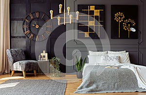 Dark grey bedroom interior with molding and painti