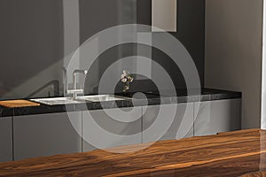 Dark grey kitchen design - detail of interior. Empty island or table countertop in modern kitchen room. 3d rendering