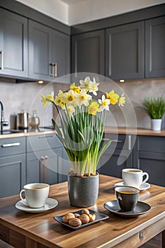 Dark Grey Kitchen Interior with Daffodils and Coffee photo