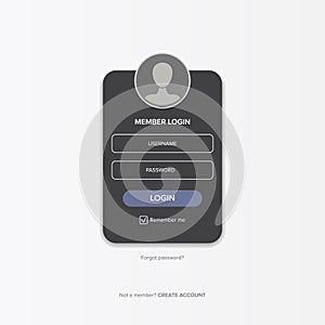 Dark grey Login form web page design template or mock up. Mobile website ui vector elements set.