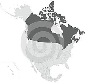 Dark grey map of CANADA inside light grey map of the North American continent