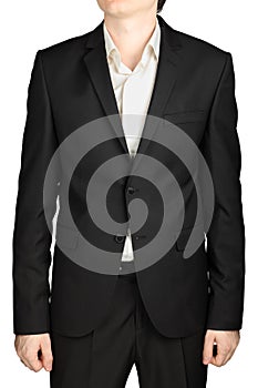 Dark grey mens blazer two buttons, white shirt without tie