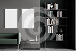 Dark grey modern living room interior furnished by green sofa, coffee table, bookshelf and two blank posters on black wall.