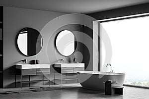 Dark grey panoramic bathroom with two modern vanities. Corner view