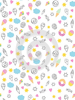 Cute Hand Drawn Sweets Vectorn Pattern. Candies, Ice Creams, Muffins, Donuts. White Background. Pink Hearts and Yellow Stars. Infa